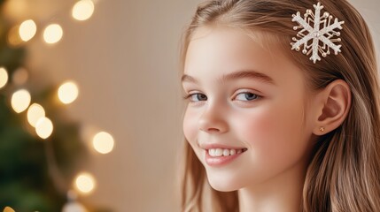 Fototapeta premium Smiling Girl with Snowflake Hairpin During Festive Season
