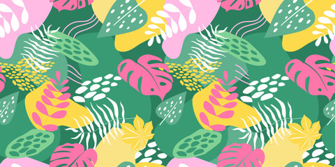 Seamless pattern with abstract tropical leaves and branches. Exotic natural print. Vector graphics.