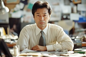 Middle-aged man with black hair, wearing a white shirt and tie, sitting at a cluttered desk, busy office, stressed look, front view 1