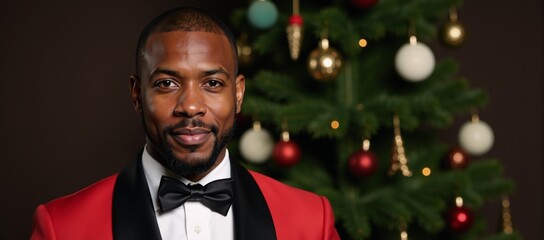 A dapper Black male model in a red suit with black bow tie poses by a festive out-of-focus Christmas tree