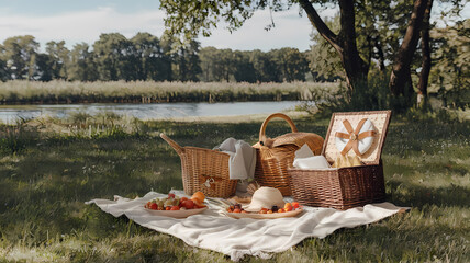 Fototapeta premium A serene picnic setup by the lake, featuring baskets, fruits, and a straw hat on a blanket amidst nature's beauty.