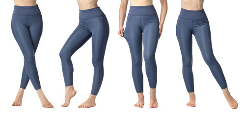 Fototapeta premium Woman posing in yoga leggings on white background, closeup. Collage of photos