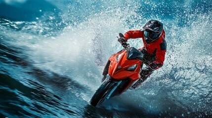 Motorbike rider speeding on water in action shot