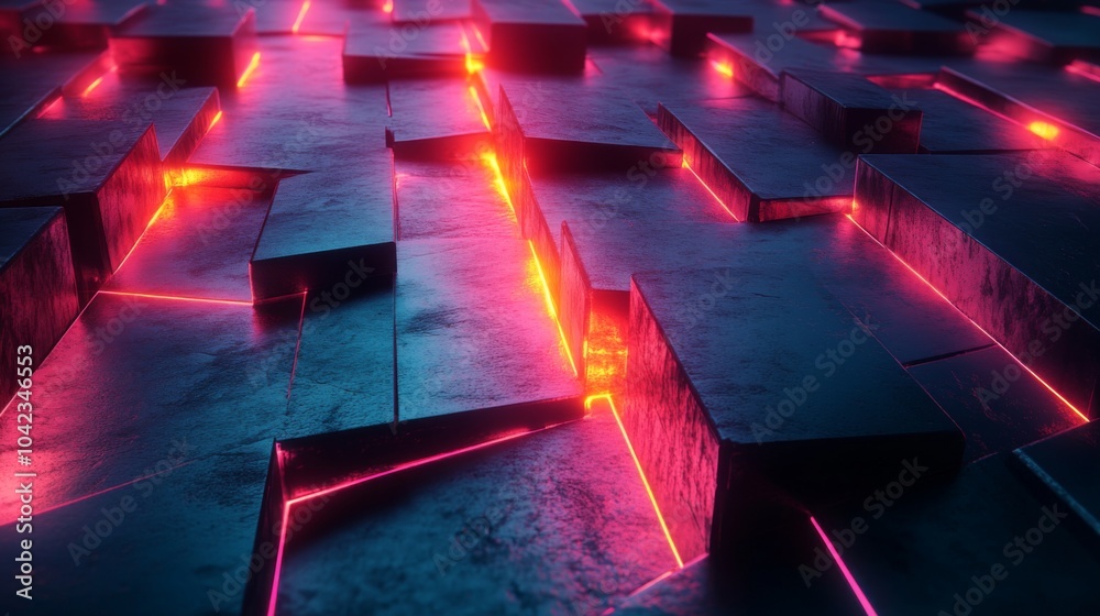Poster The artwork features intricate geometric patterns illuminated by vivid red and pink neon lights, creating a striking visual effect against a dark, textured backdrop.