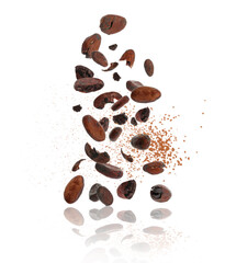 Cocoa beans and powder in air on white background