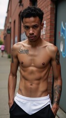 Fototapeta premium A confident tattooed streetwear-clad black man stands proudly in a gritty urban setting radiating strength pride and unabashed uniqueness