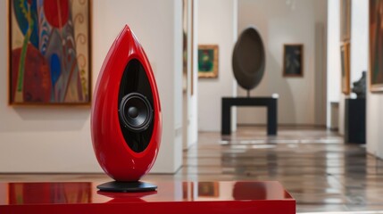 A modern red teardrop-shaped speaker in an art gallery, with paintings and sculptures visible in the background.
