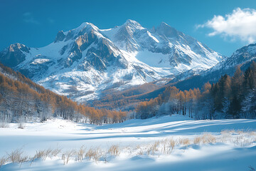 A stunning view of a snow-covered mountain range beneath a clear blue sky, with sunlight illuminating the peaks and showcasing the beauty of winter.

