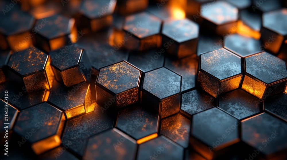 Poster The composition features a dark, hexagonal metal surface with glowing accents, creating a striking modern design that highlights texture and form.
