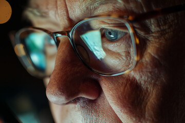 A close-up of an elderly person's face, focusing on their eyes and glasses, as they look intently at a bright screen.