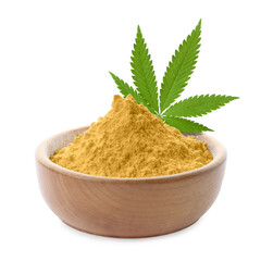 Hemp protein powder and leaf in bowl on white background