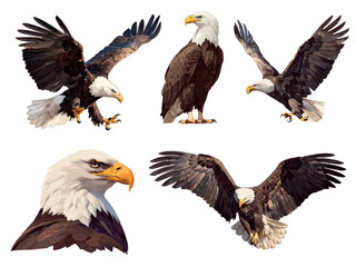 Obraz premium Bald eagle set. Wild bird of prey poses winged flying sitting head portrait, logo mascot vector illustration