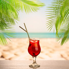 Refreshing drink with straws on wooden table at beach