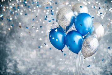 Blue and silver balloons with falling confetti, gray background, cheerful mood, no people 4