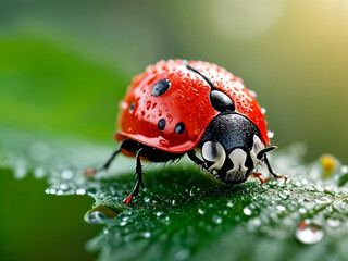 Fototapeta premium Macro shot of a bright red ladybug with an intricate black skull pattern on its shell, perched on a green leaf covered in glistening dewdrops - generated by ai