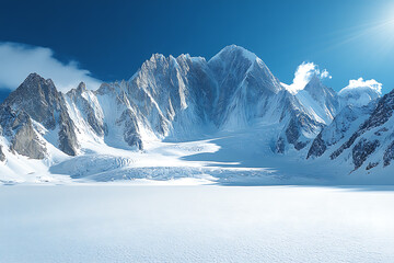 A stunning view of a snow-covered mountain range beneath a clear blue sky, with sunlight illuminating the peaks and showcasing the beauty of winter.

