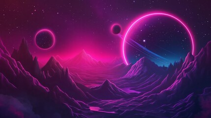 Fototapeta premium A vibrant, futuristic landscape with glowing pink and purple mountains, two moons and a ringed planet in a starry sky.