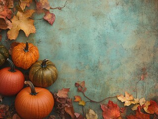 Autumn background with pumpkins and colorful leaves on grunge background