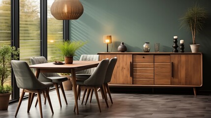 A cozy Scandinavian living room with a grey barrel chair, wooden shelves, and dark walls, creating a chic yet warm environment.