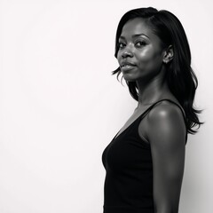 Naklejka premium Portrait depicts a young African American woman with expressive features and styled hair gazing off-frame