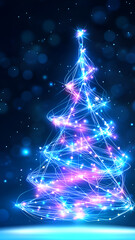 Abstract Glowing fir tree on a Dark Blue  Background.	