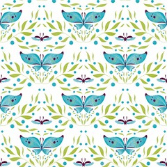 Seamless pattern design, digital, with blue butterflies, green leaves, ladybirds