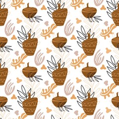 seamless pattern with leaves, vases, decorative elements