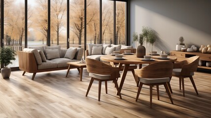 Fototapeta premium Modern Scandinavian design featuring grey barrel chairs and a wooden round table, offering rustic elegance and comfort.