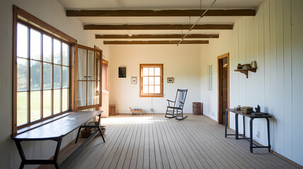 Obraz premium Cozy, well-lit interior of a spacious room with wooden beams, large windows, and simple furniture, exuding a rustic charm.