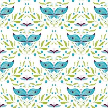 Seamless pattern design, digital, with blue butterflies, green leaves, ladybirds