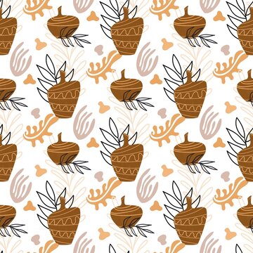 seamless pattern with leaves, vases, decorative elements