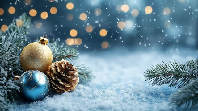 Christmas background with falling snow and holiday toys. Copy space, free space for text. New Year concept. Slow motion.