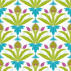 Seamless digital pattern design with decorative plants, berries, leaves, flowers