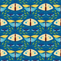 Seamless pattern design with butterflies in blue and yellow colors