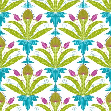 Seamless digital pattern design with decorative plants, berries, leaves, flowers