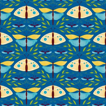 Seamless pattern design with butterflies in blue and yellow colors