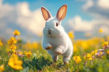 Fototapeta premium Cute White Rabbit Hopping on Grass with Blue Sky and Clouds – Photorealistic High-Resolution Photography