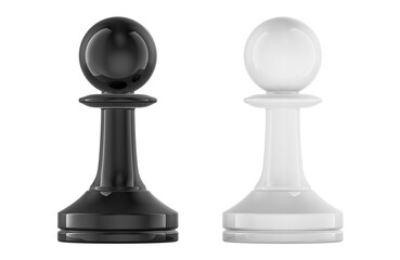 Two chess pawns stand opposite each other. White pawn and black pawns, confrontation concept. 3D rendering isolated on transparent background