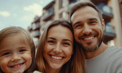 Family members joyfully holding a key outside their new apartment building, marking a memorable milestone in their lives. Smiles reflect excitement and pride in this significant achievement - AI gener