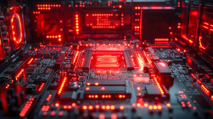 Obraz premium High-tech motherboard close-up, illuminated by glowing lights, showcasing intricate electronic components