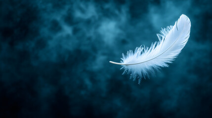 Delicate white feather gracefully floating on a dreamy, dark blue cloudy background, symbolizing peace, mindfulness and spiritual calm.