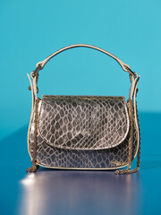 Shiny and stylish, leather women's bag with gold look. Luxurious and rich mini bag shot in studio, on decorative background. New fashion products