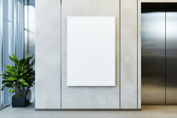 Office wall poster mock up. Modern office lobby corridor interior with a glass wall, elevator and empty blank white vertical poster on concrete wall. Mockup