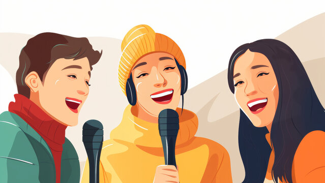 group of young stylish smiling people in winter clothes singing in microphone, flat illustration. friendship and relations, enjoying music, socializing