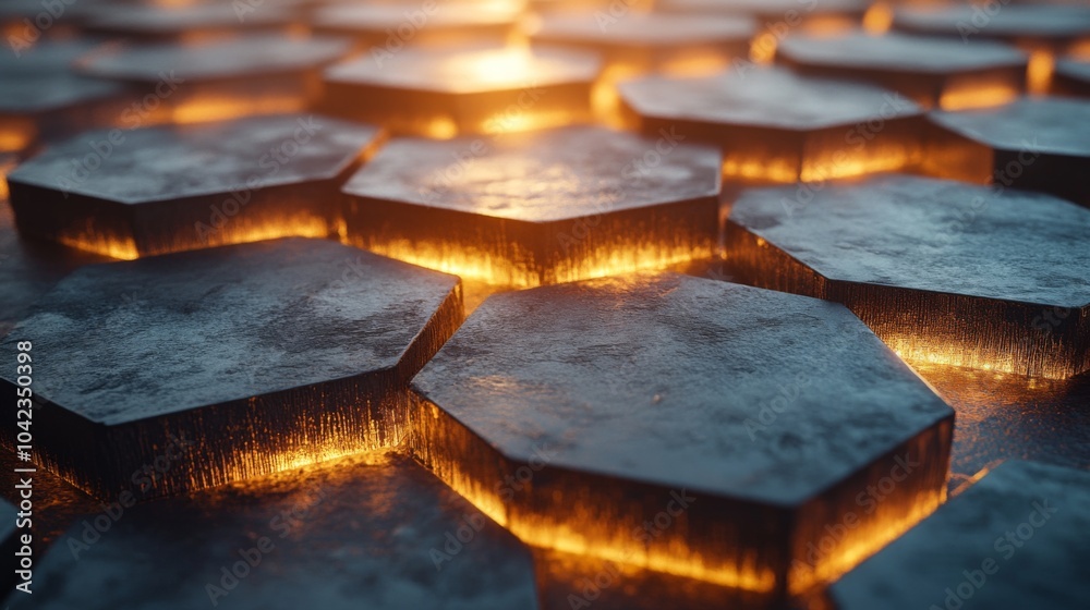 Poster A close-up view of hexagonal metallic tiles, each illuminated from beneath, adds a warm glow to the modern industrial environment during early evening hours.