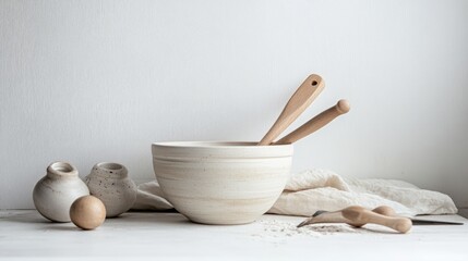 A white ceramic mixing bowl with wooden spoons, a linen cloth, two small ceramic jars, and a raw egg are arranged on a white table.