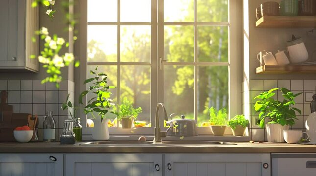 Modern kitchen interior with window illuminated by spring sunlight rays in fresh morning
Seamless looping 4k time-lapse virtual video animation Generated AI