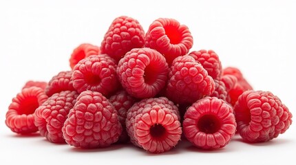 A mound of juicy fresh raspberries spills across a white surface.