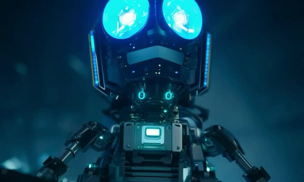 Tilt shot with cool lighting: The camera starts by tilting up from the robotic scorpion's pincers to its glowing eyes. The scene is set in a dimly lit environment with blue tones enhancing the scorpio
