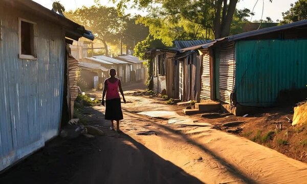 Woman walking through an African township at sunset reveals the hardships faced by residents in a developing community. Shadows lengthen, emphasizing the daily challenges of life